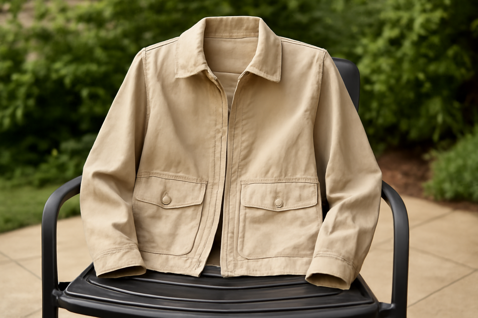 veste légère posée sur une chaise d'extérieur