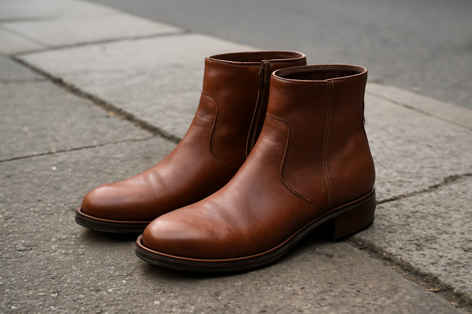 paire de bottines posée sur trottoir urbain