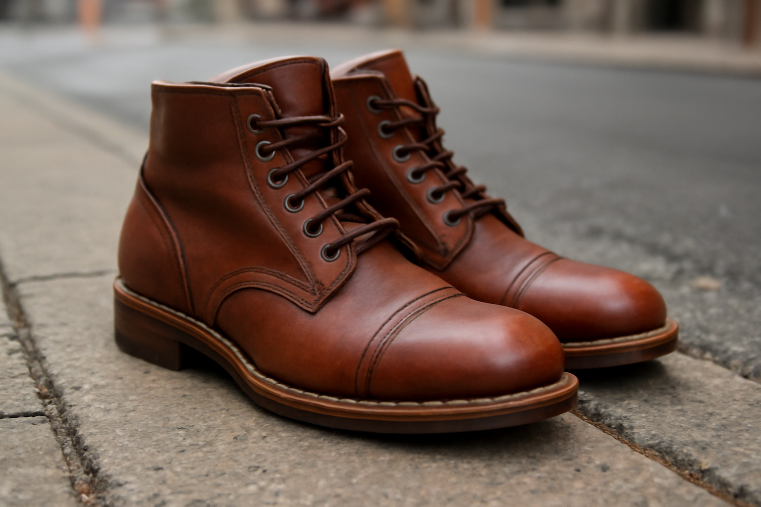 bottines artisanales posées sur trottoir urbain