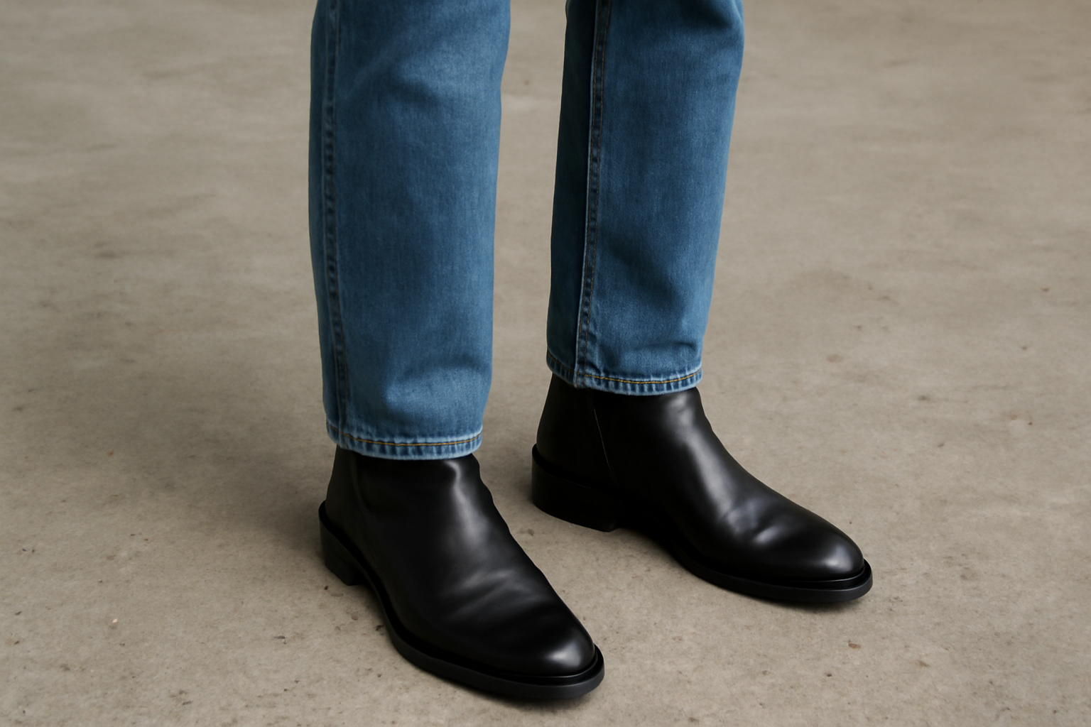 jean droit et bottines sur sol beton