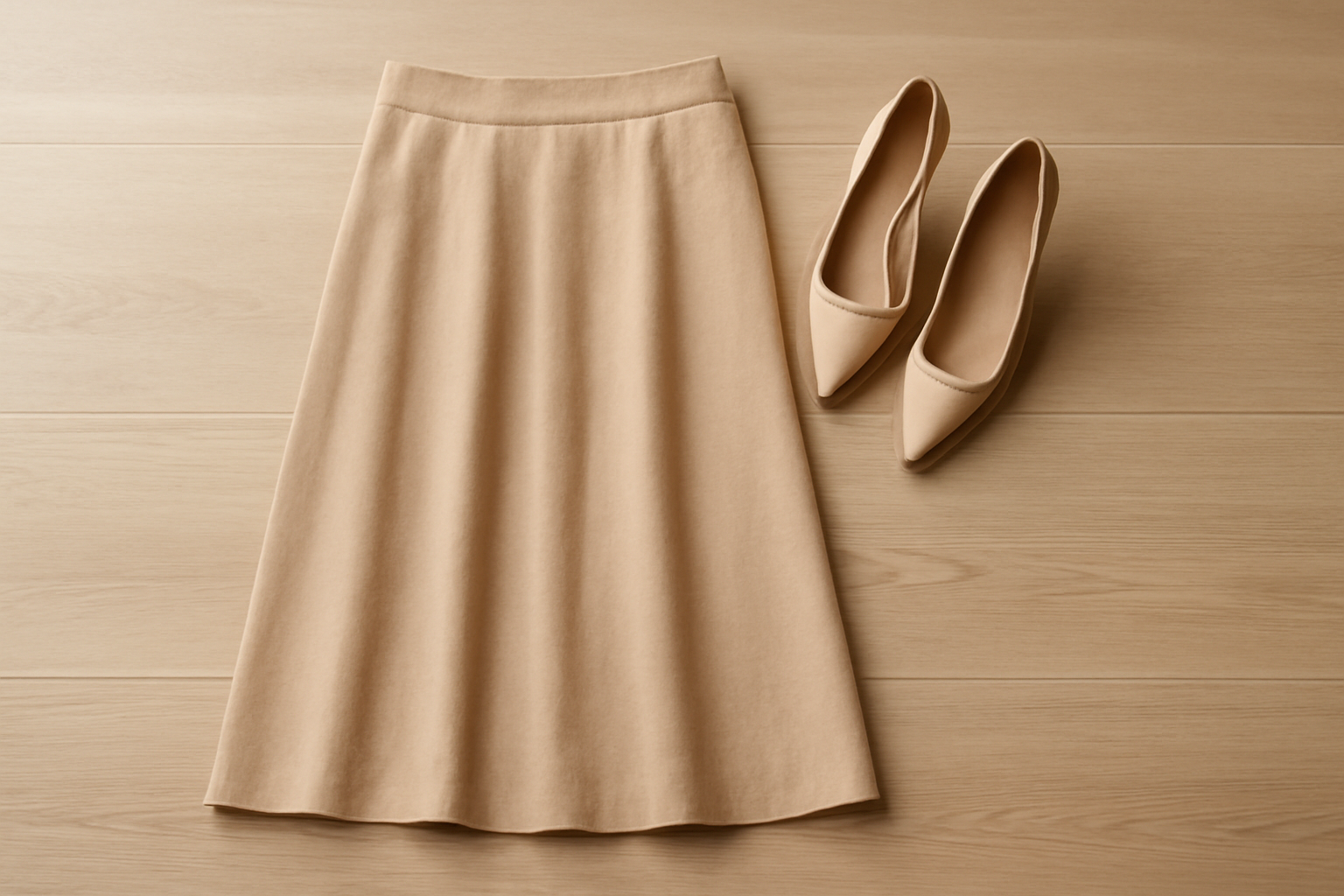 jupe midi posée près de chaussures assorties