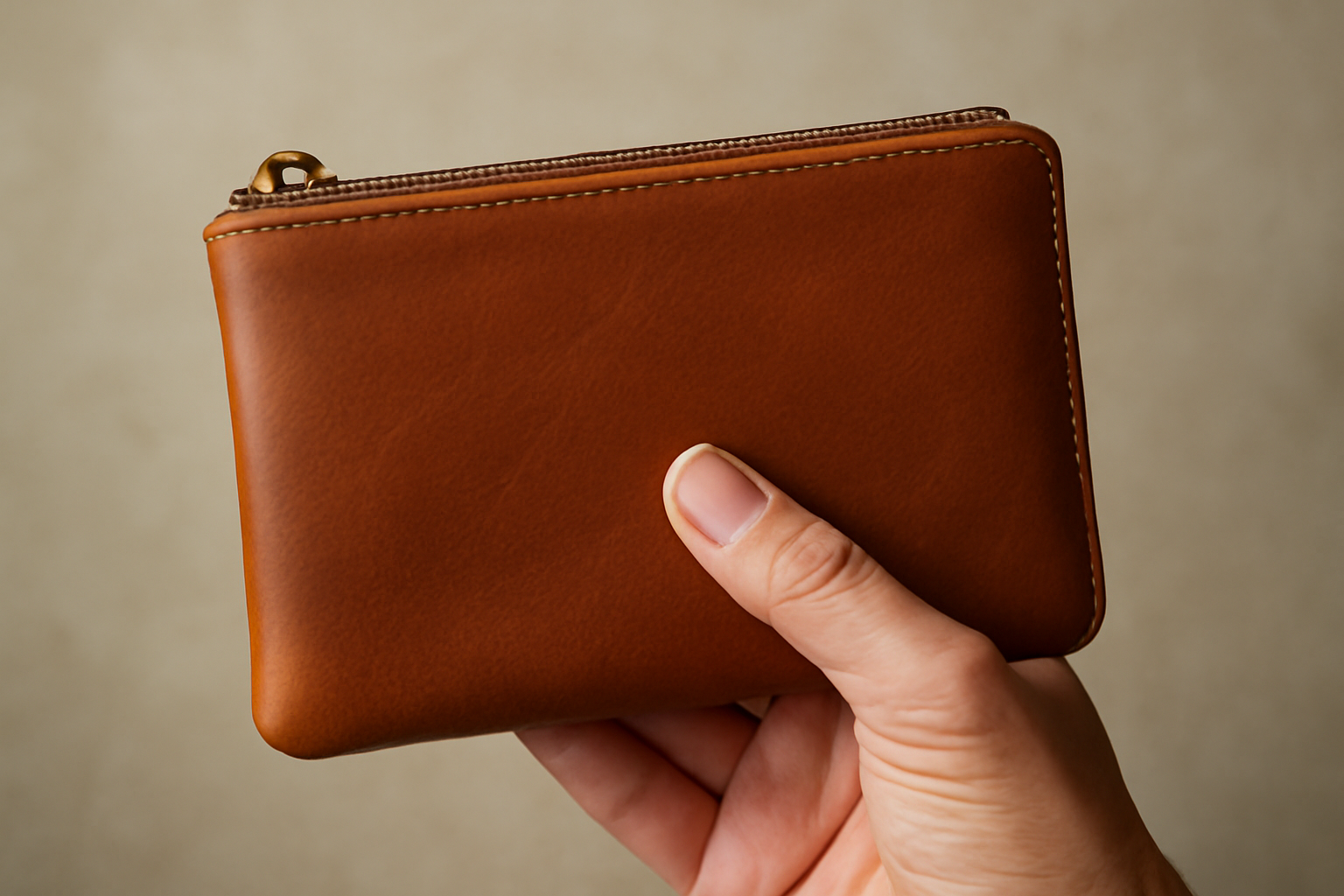 main tenant une petite trousse en cuir