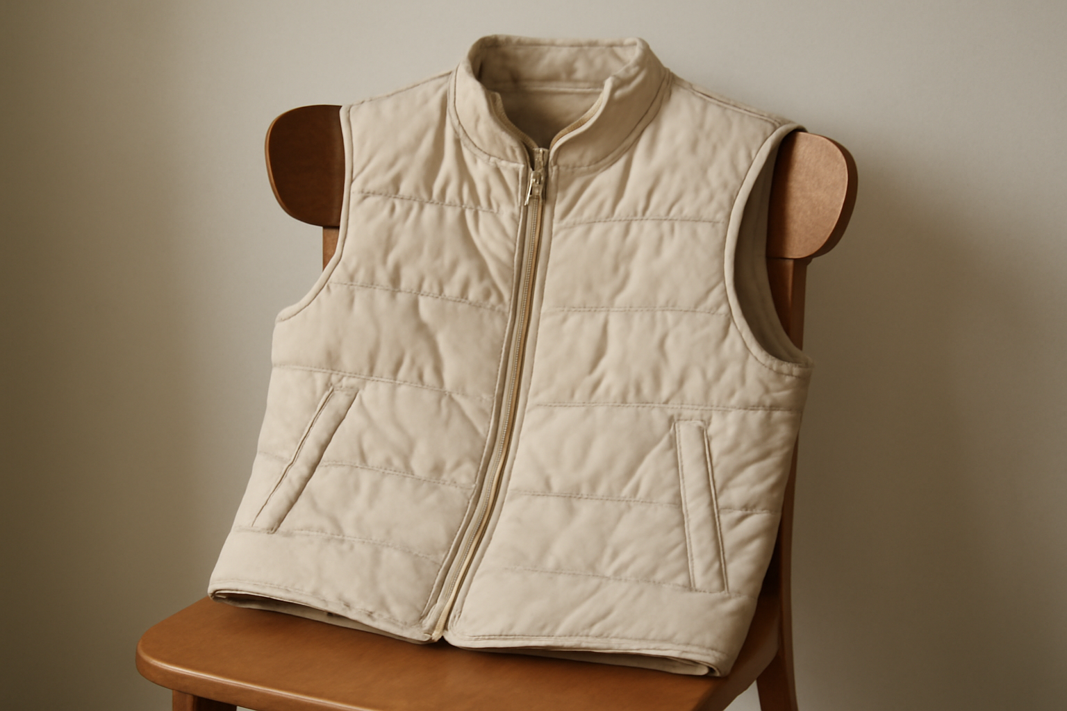gilet leger beige pose sur chaise