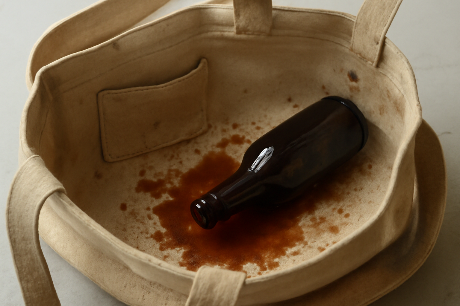 intérieur de sac taché avec bouteille renversée