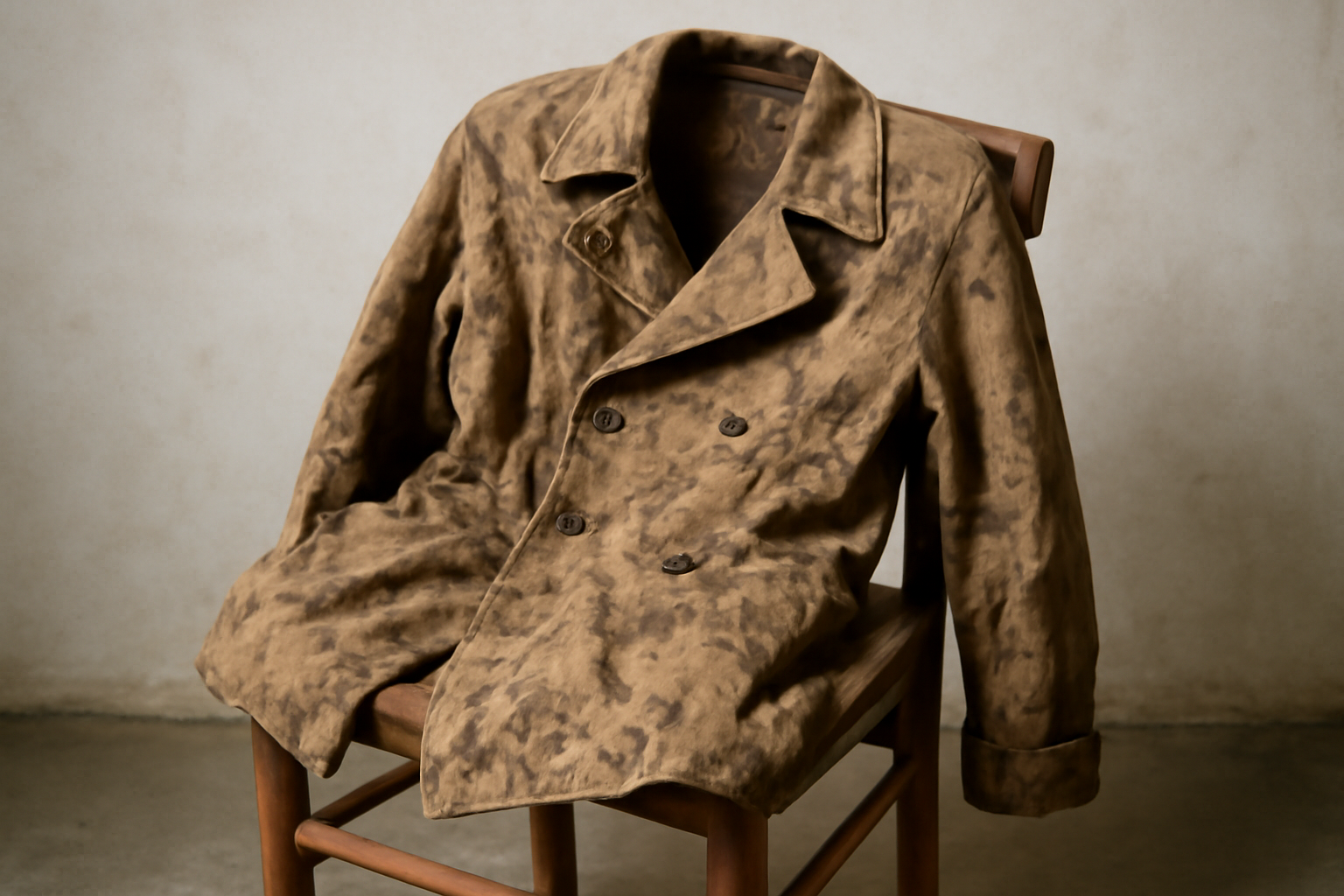 manteau taché de boue posé sur chaise