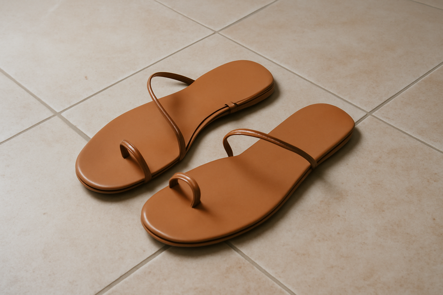 sandales minimalistes posées sur sol carrelé