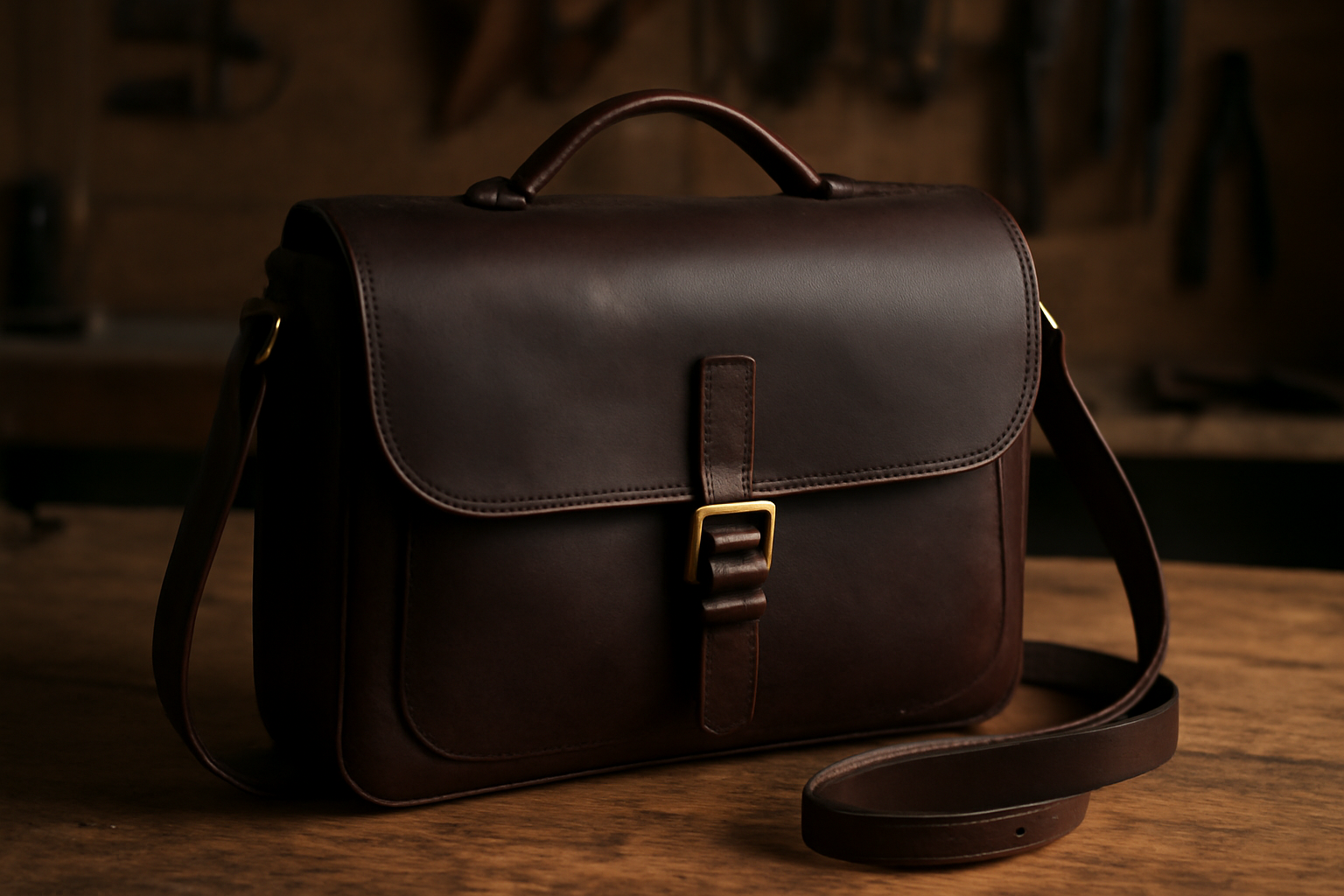 sac en cuir foncé posé sur table d'atelier