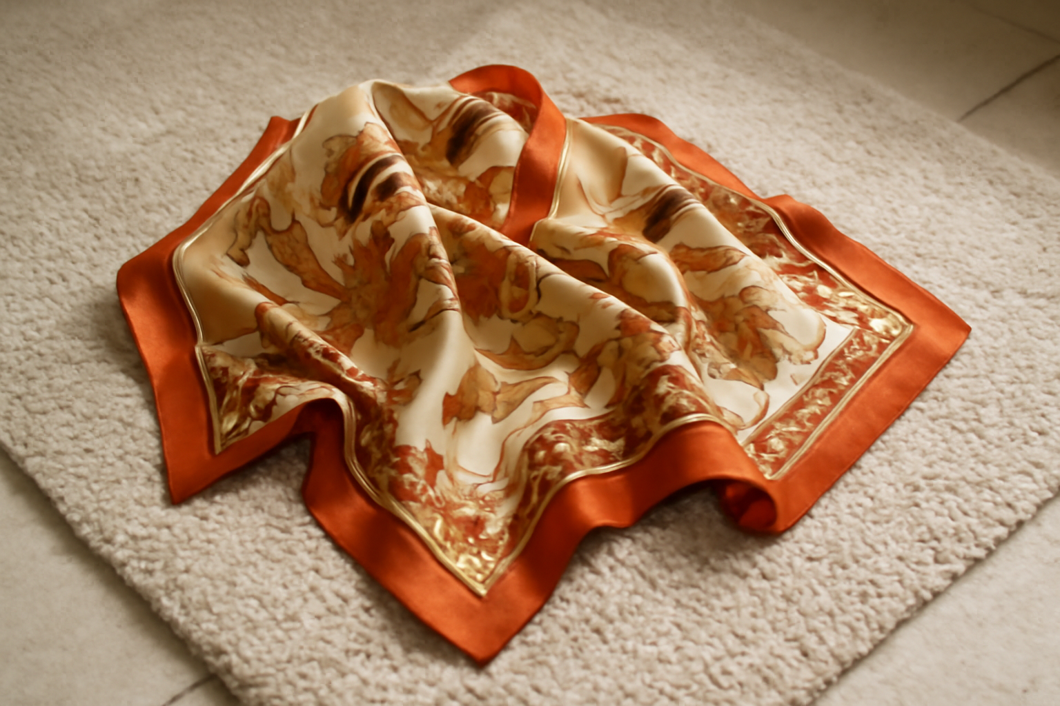 foulard en soie posé sur tapis de salle de bain