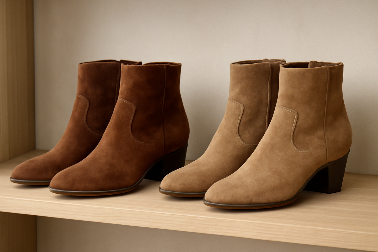 bottines en suede exposees sur etagere