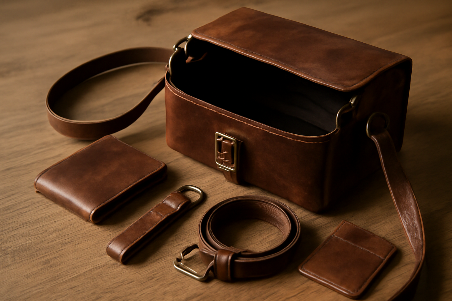 accessoires cuir poses pres sac ouvert