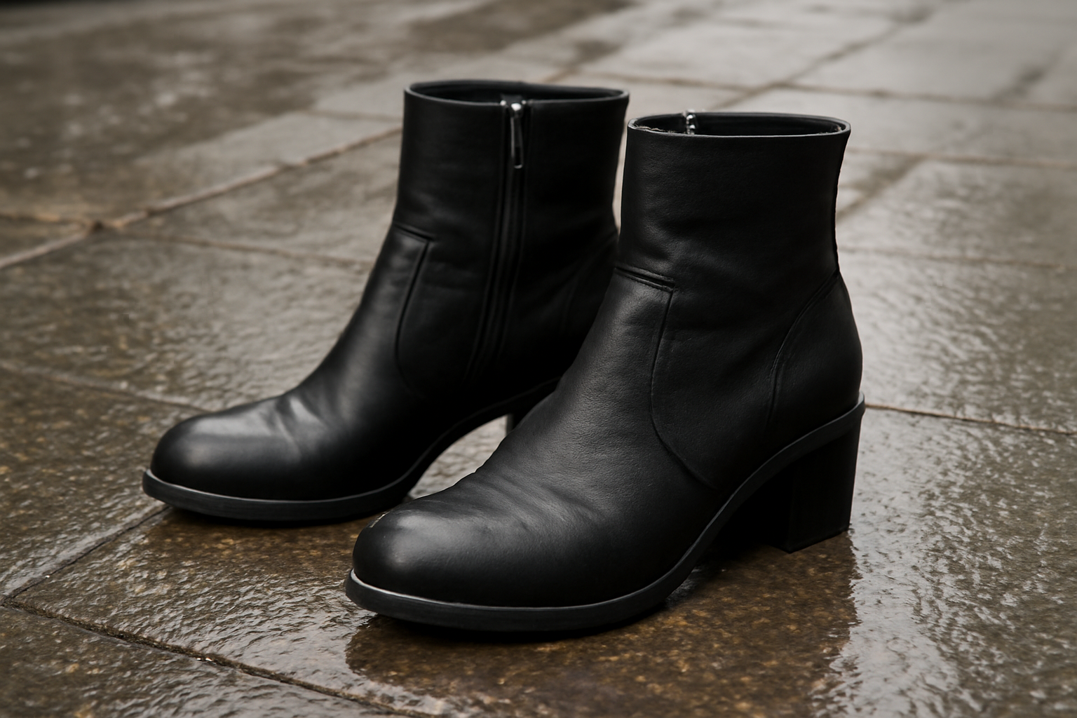 paire de bottines sur trottoir mouillé
