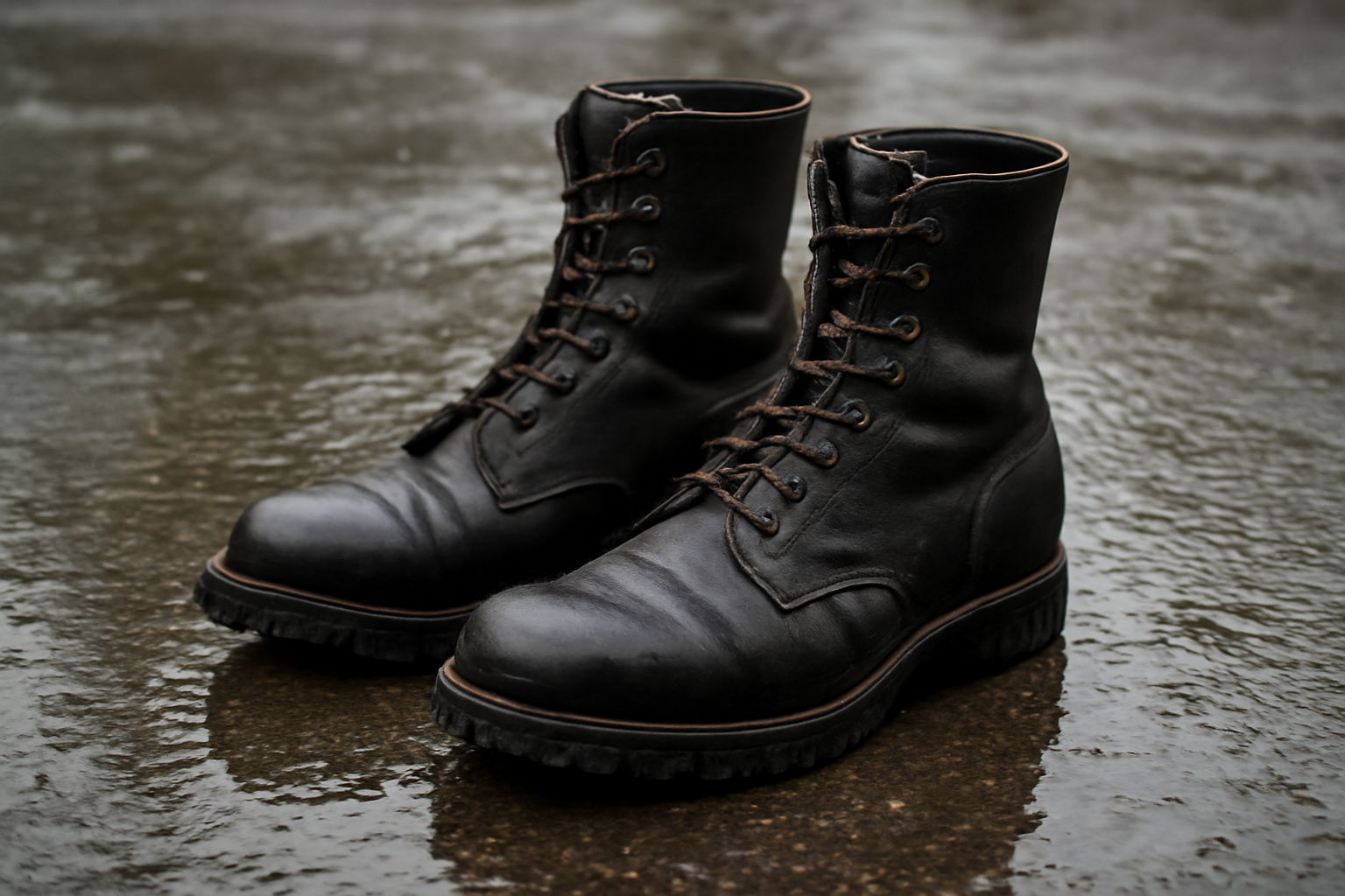 bottes montantes posees sur sol mouille
