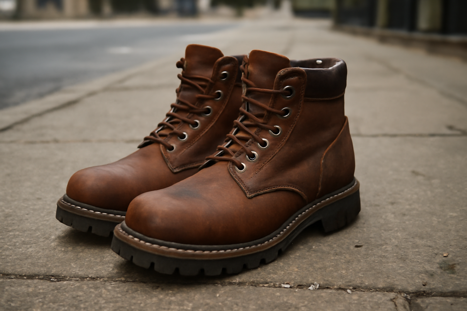 chaussures robustes posees sur trottoir urbain