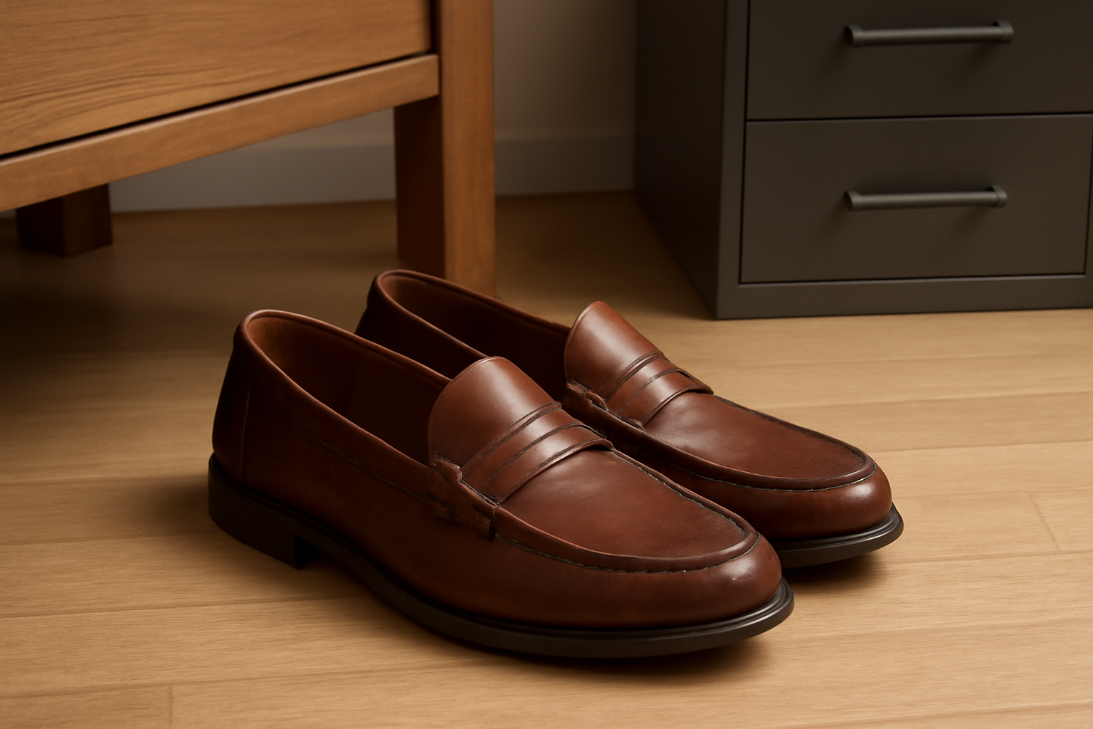 paire de mocassins posée près d'un bureau