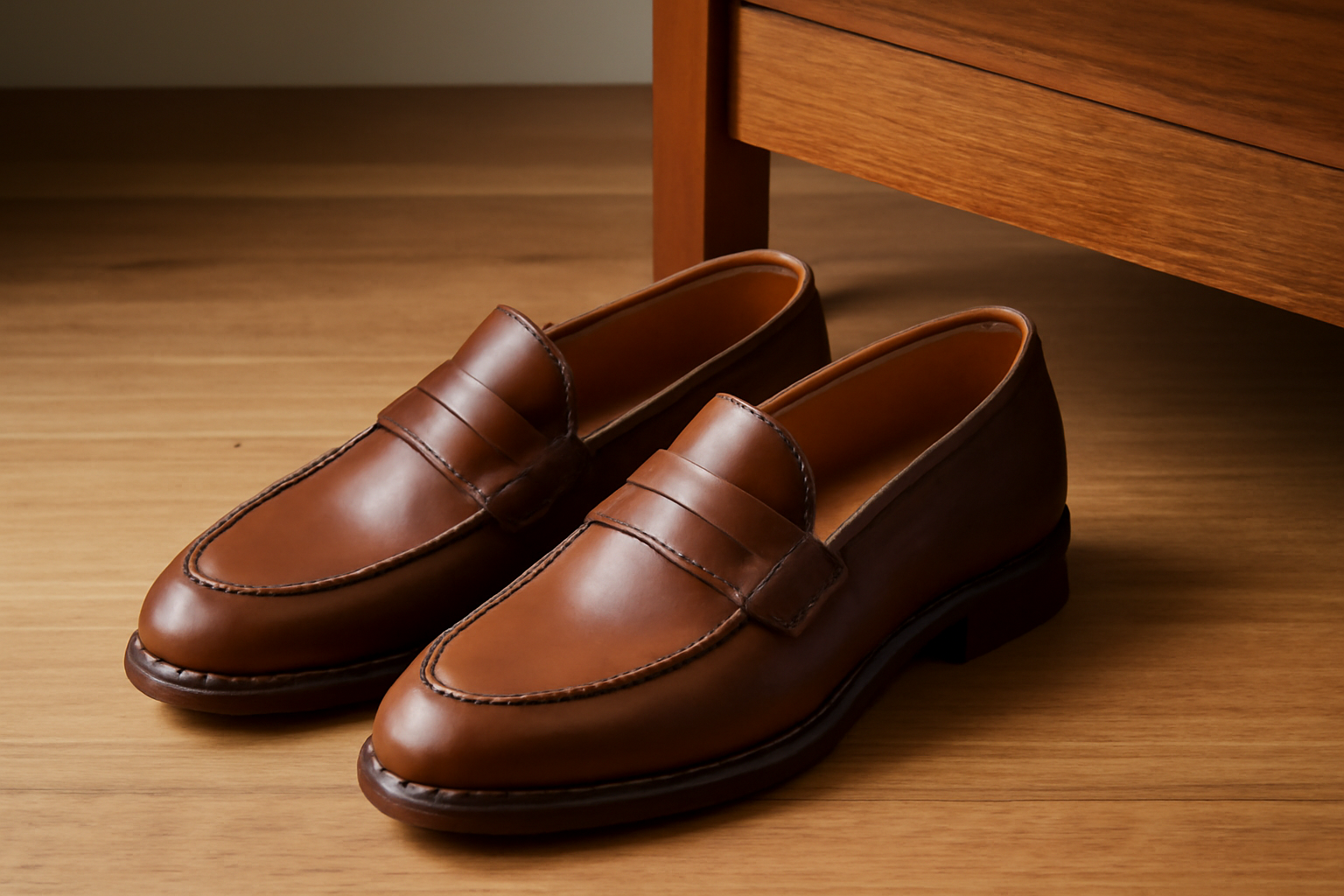 mocassins posés près d'un bureau en bois