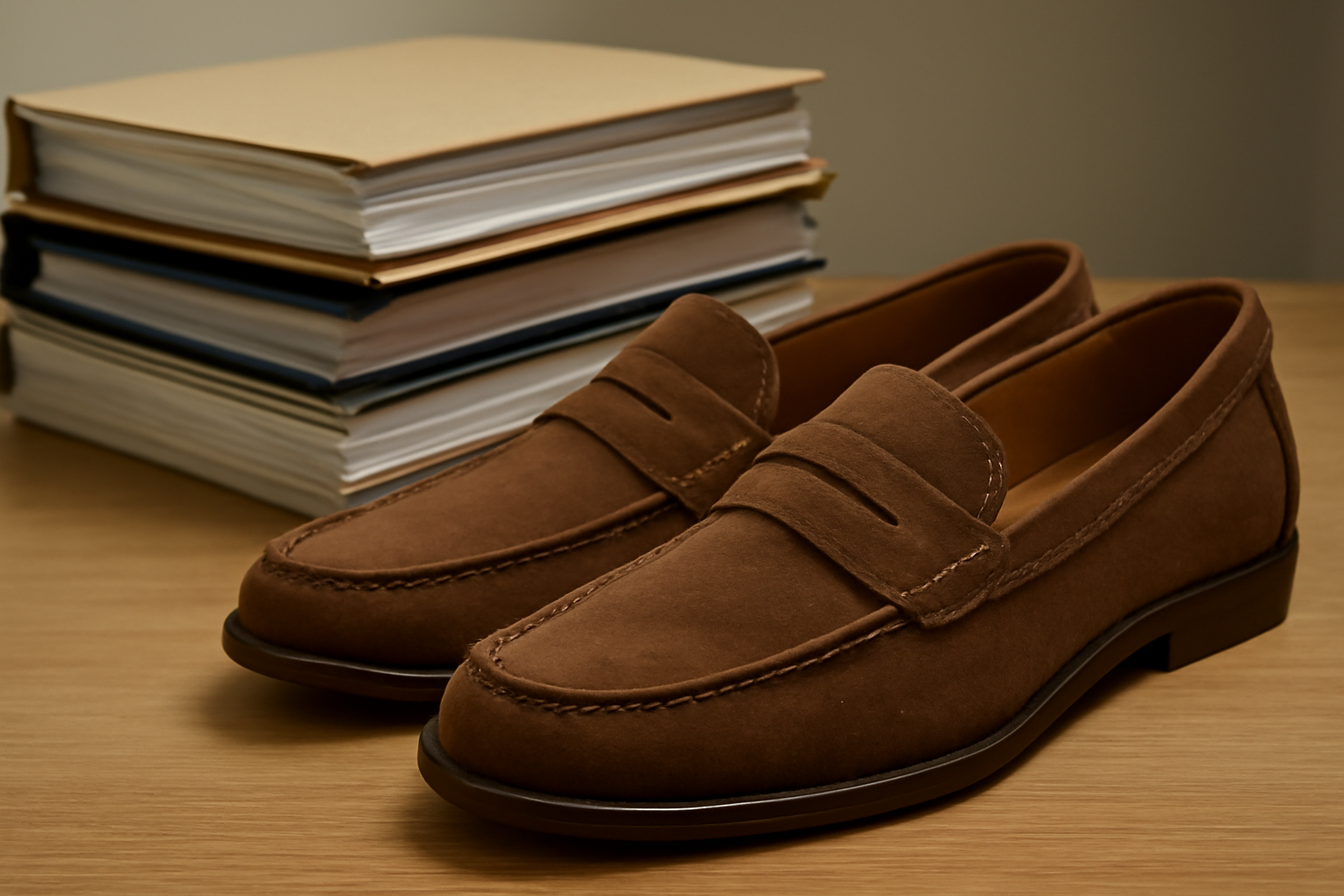 mocassin posé près d'une pile de dossiers
