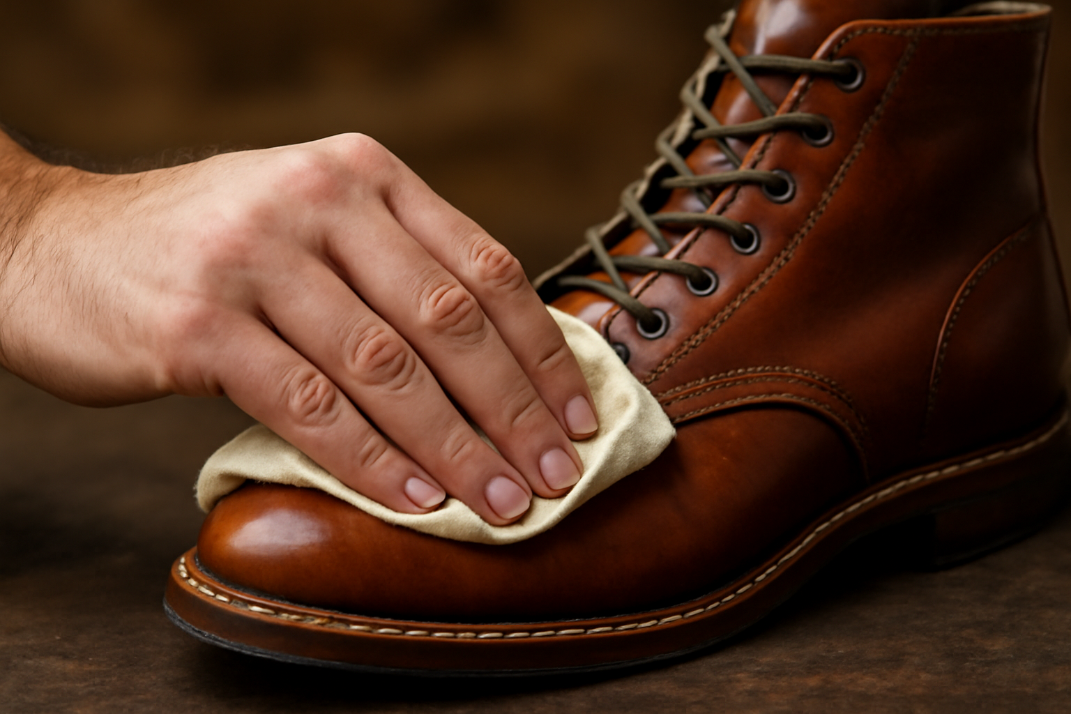 main frottant une chaussure en cuir cirée