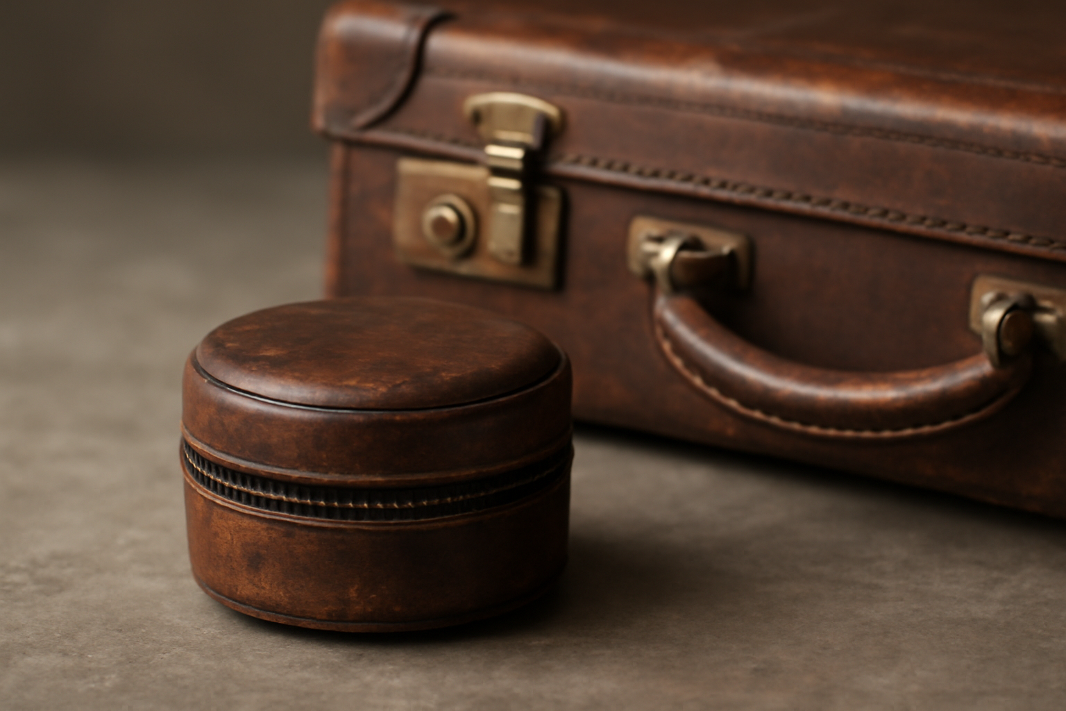 petit étui de cirage posé près d'une valise