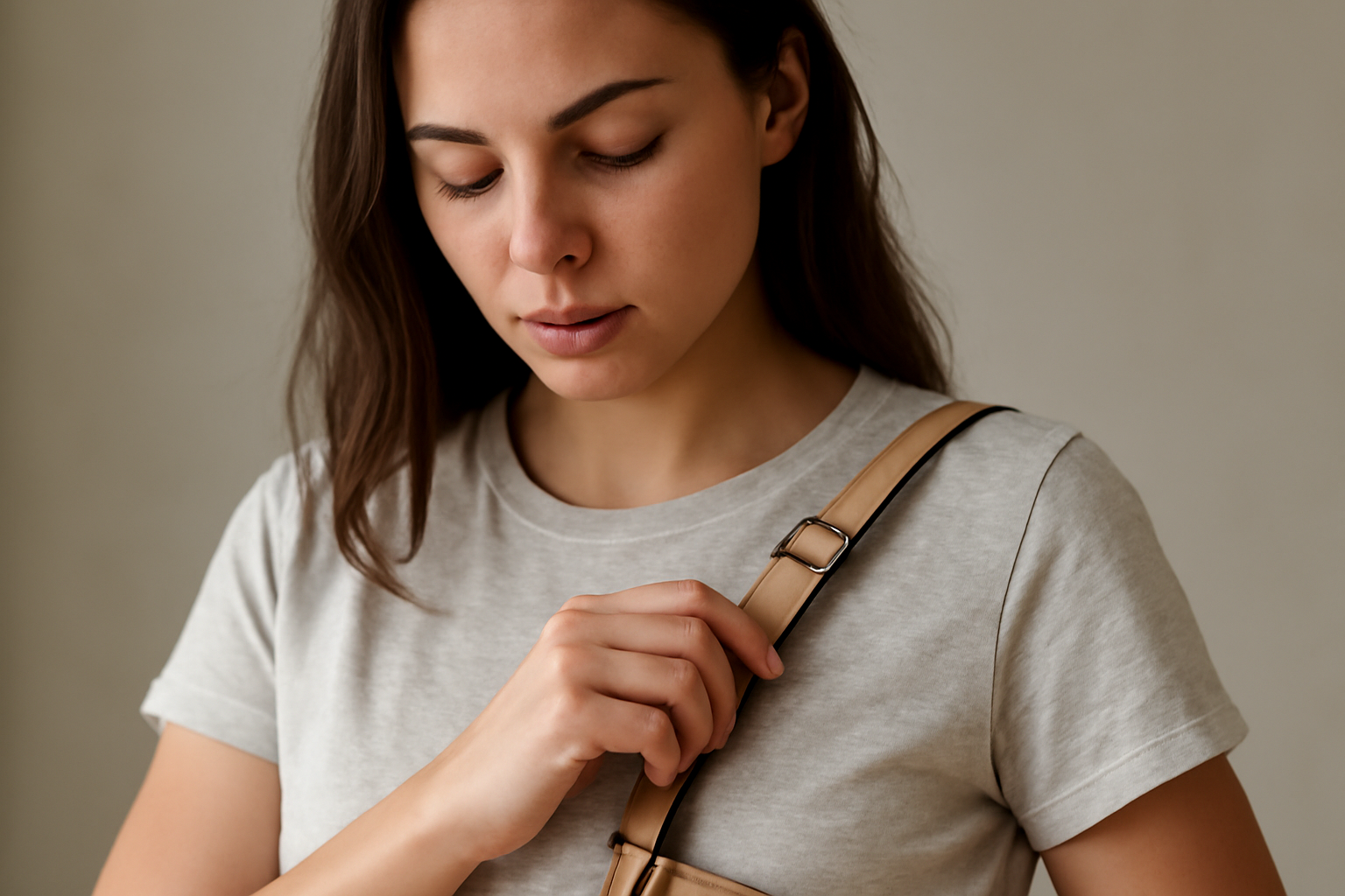 femme ajustant une bandoulière sur son épaule