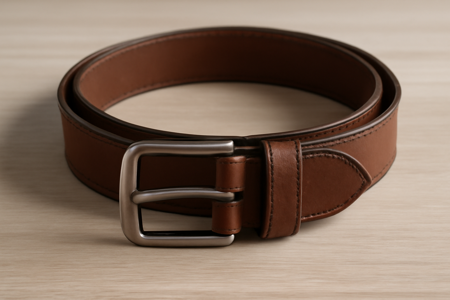 ceinture en cuir posée sur table claire