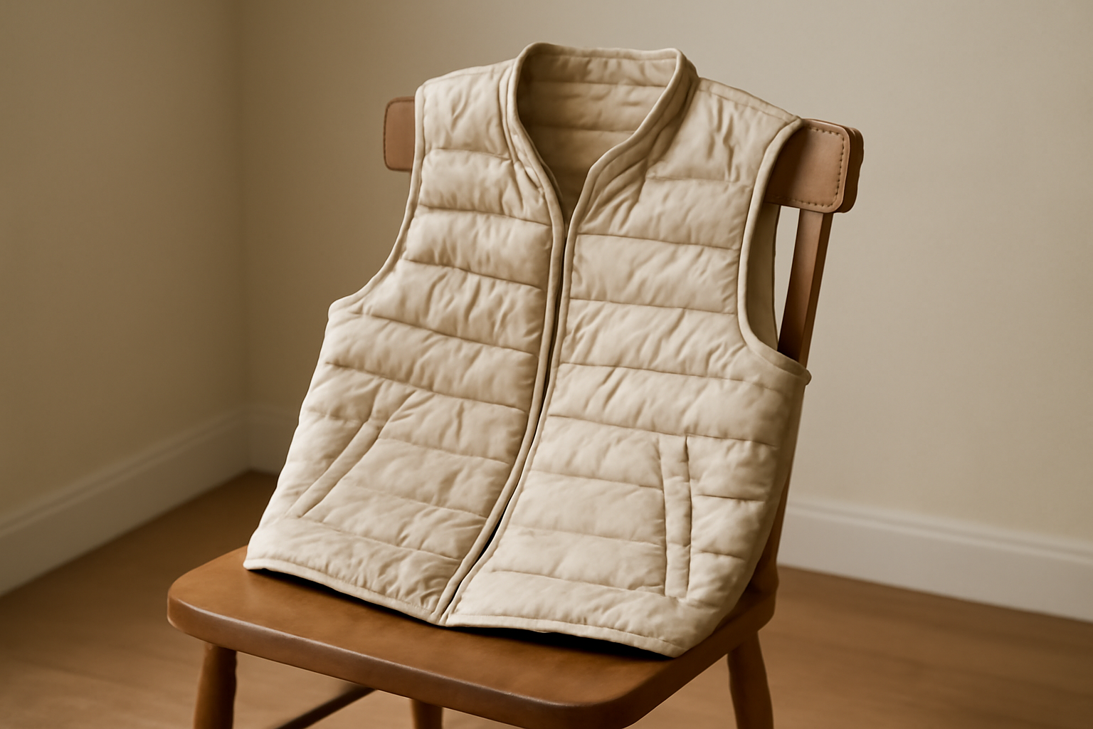 gilet léger posé sur chaise en bois