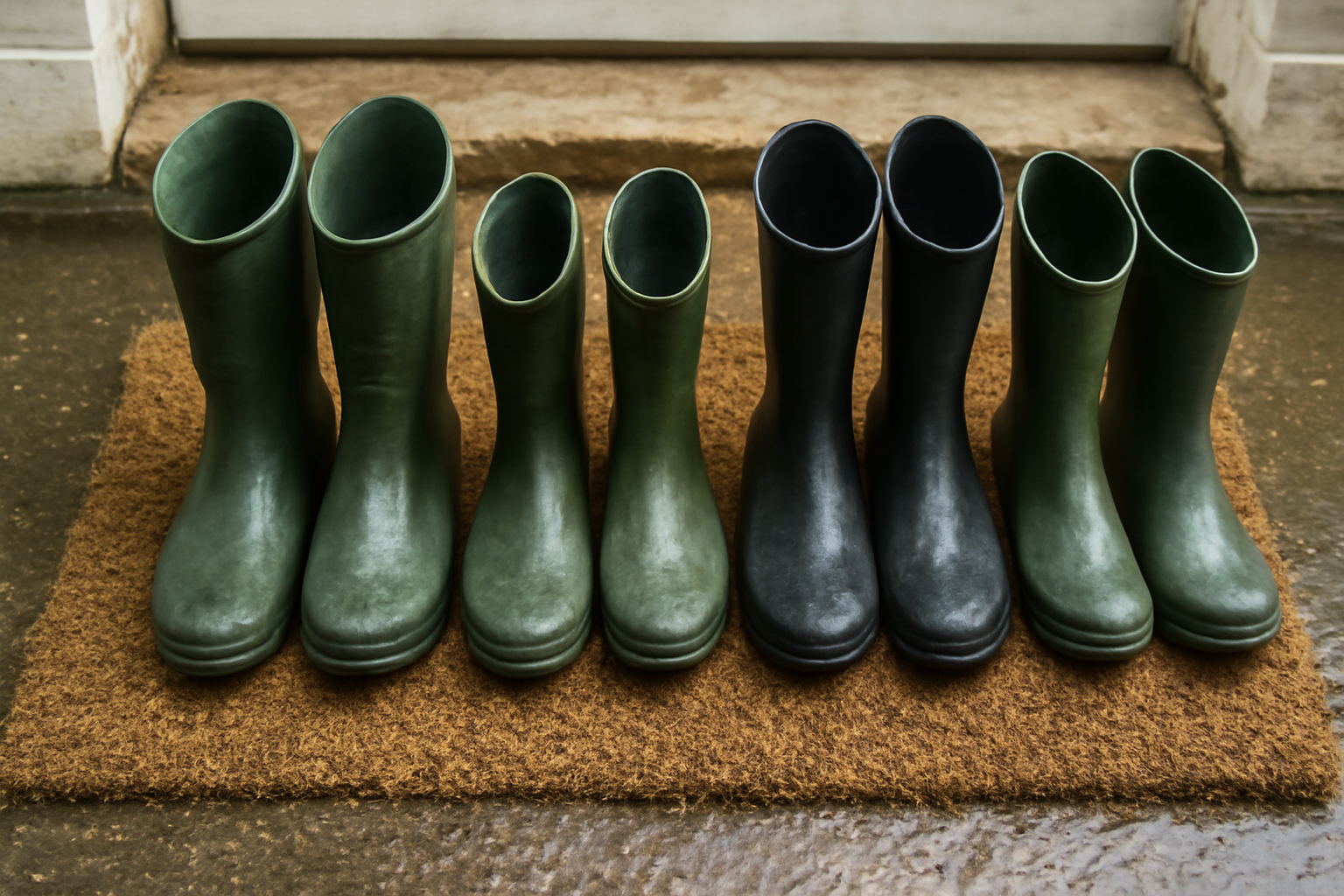 paires de bottes alignées sur paillasson humide
