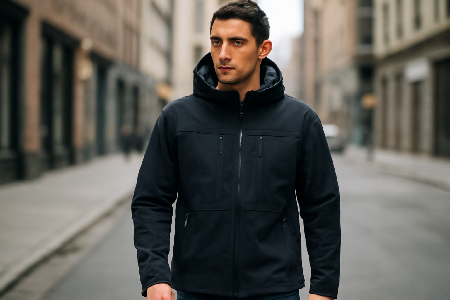 personne portant une veste technique en ville