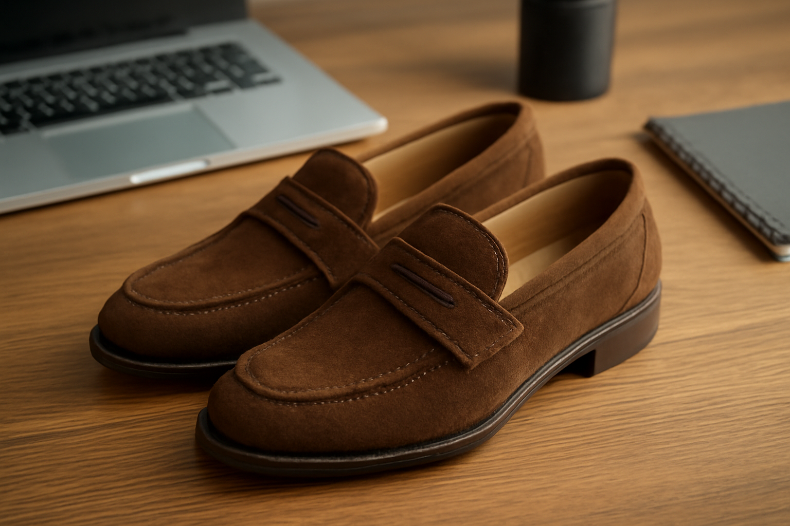 mocassins poses pres bureau en bois