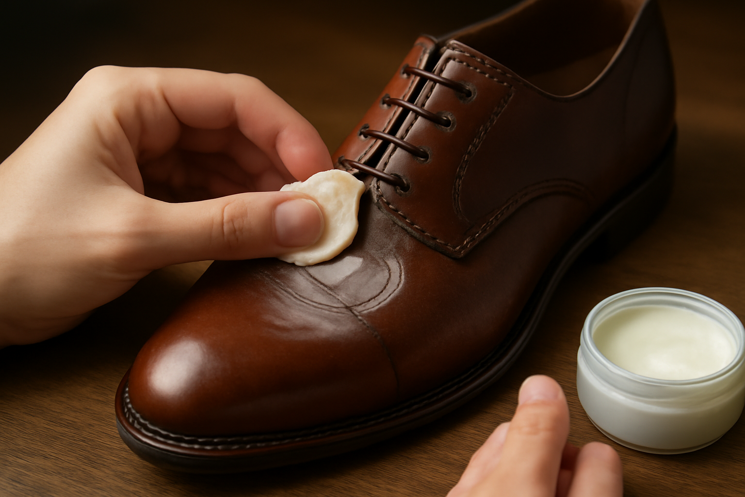mains appliquant crème sur chaussure en cuir