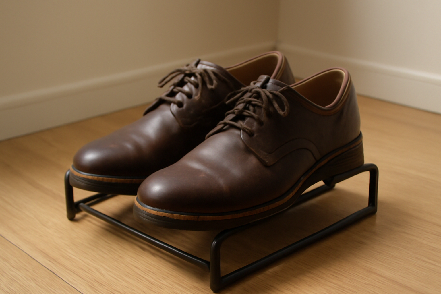 paire de chaussures séchant sur support adapté