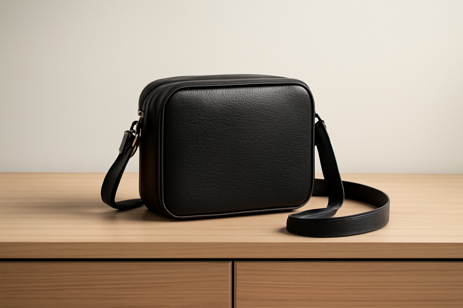 sac compact posé sur commode minimaliste
