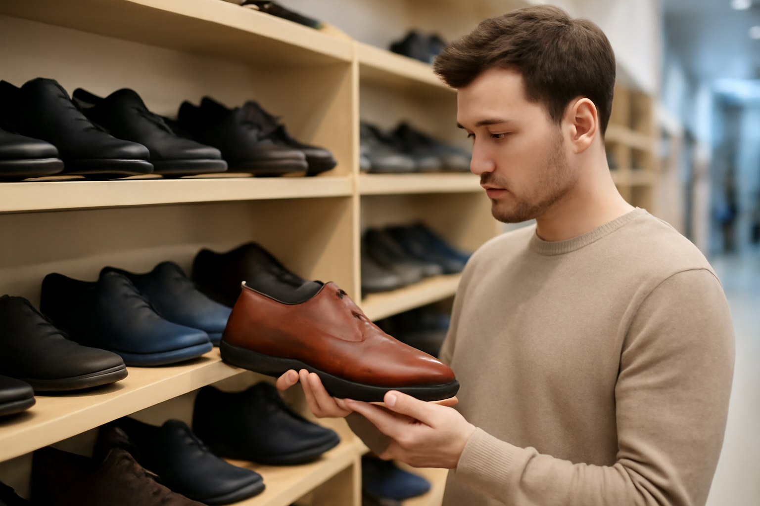 client examinant chaussures en magasin
