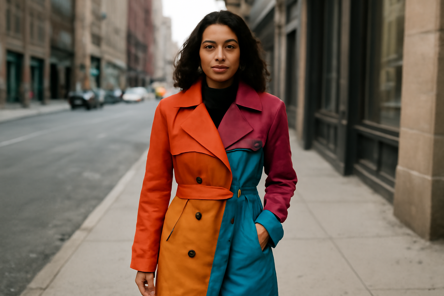 personne portant un trench coloré en rue urbaine