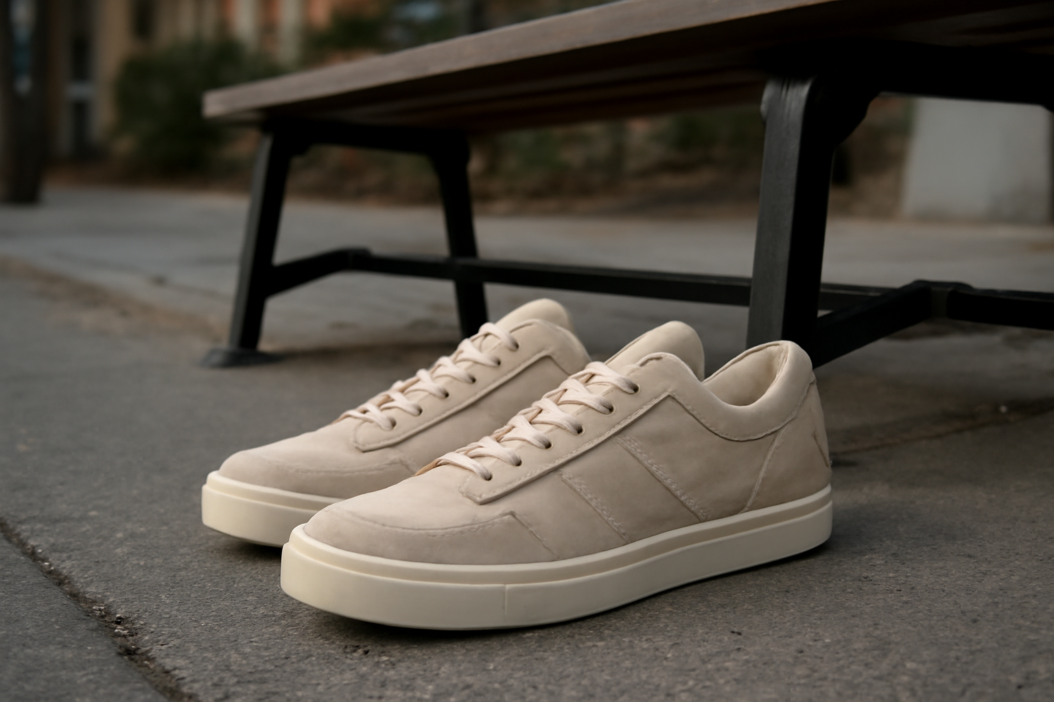 paire de baskets posée près d'un banc urbain