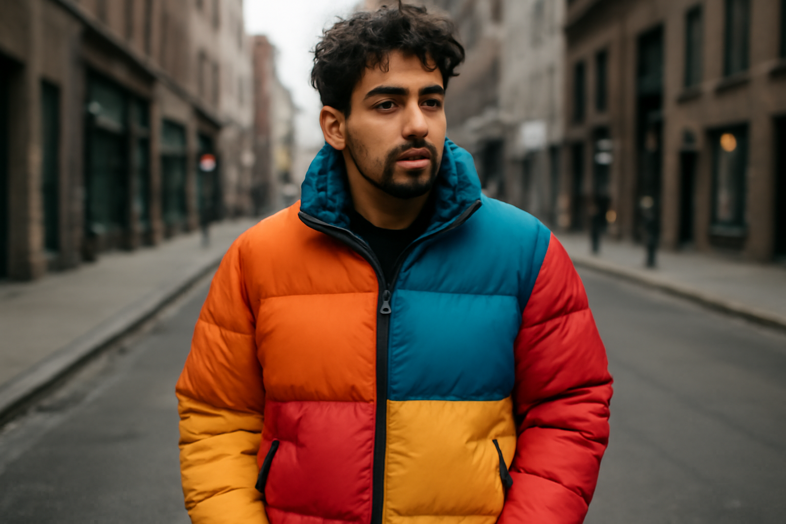personne portant une veste colorée en rue urbaine