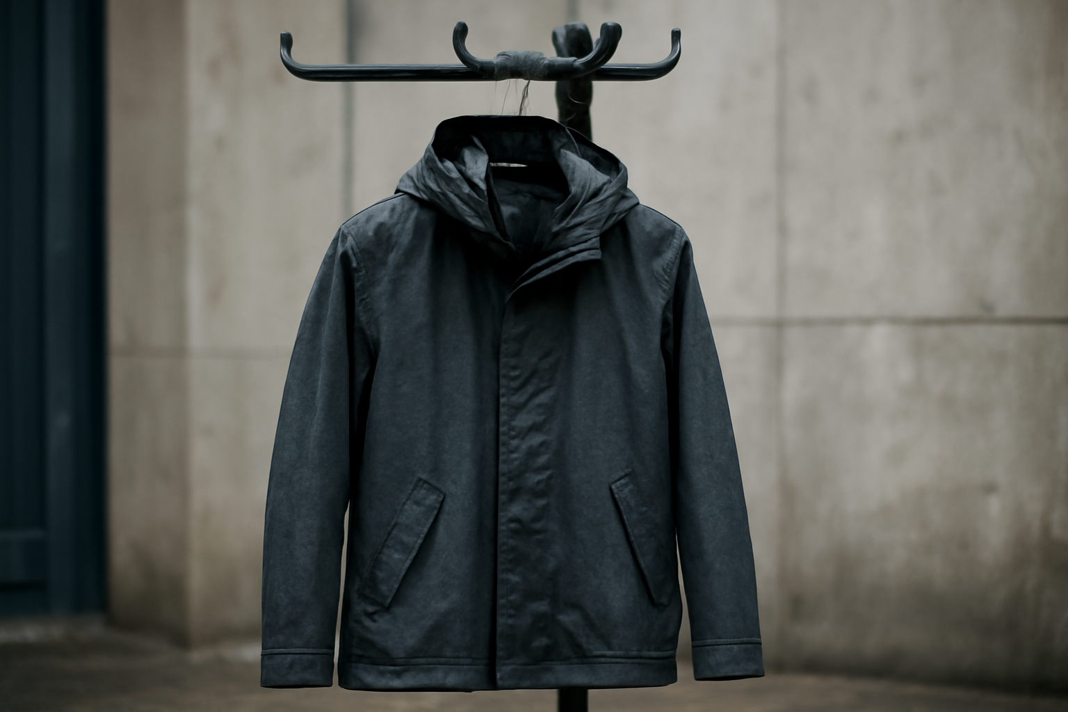 veste impermee posee sur portemanteau urbain
