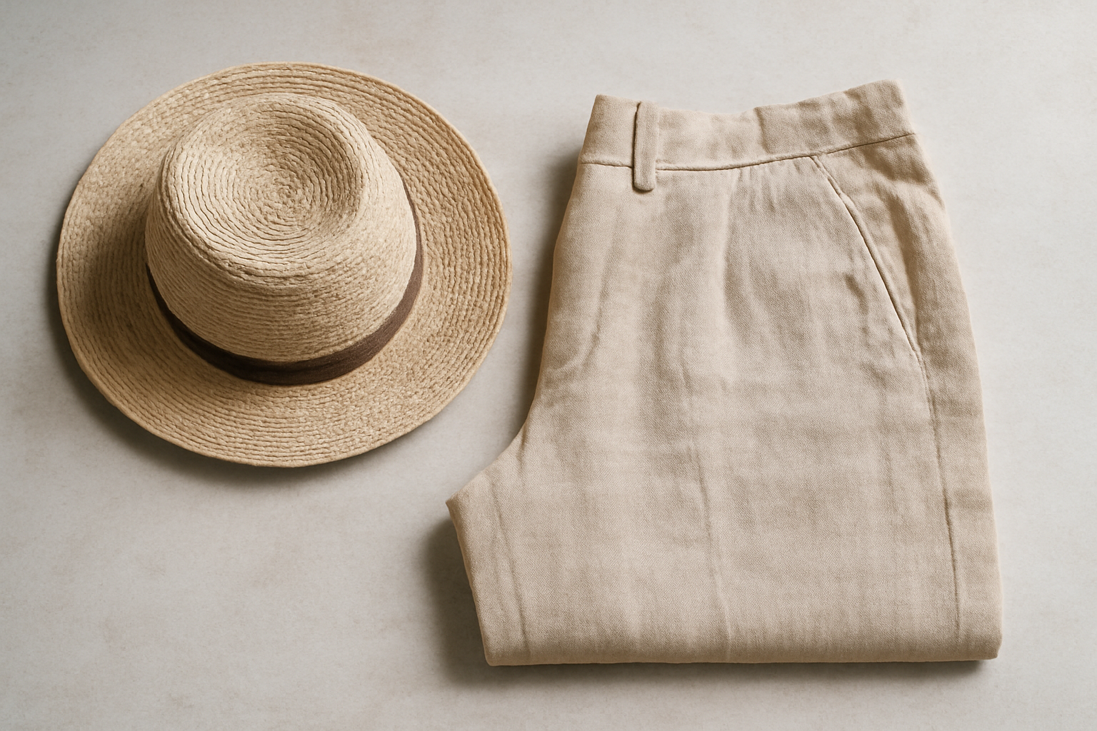chapeau léger posé à côté d'un pantalon en lin