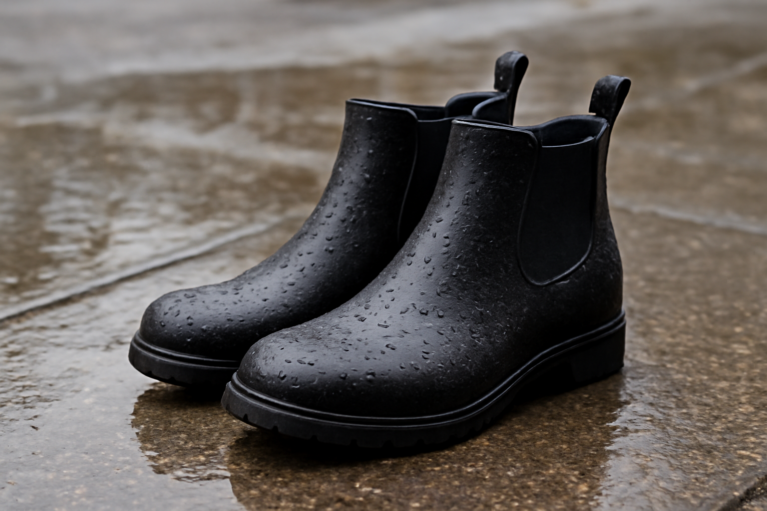 bottines imperméables posées sur trottoir mouillé