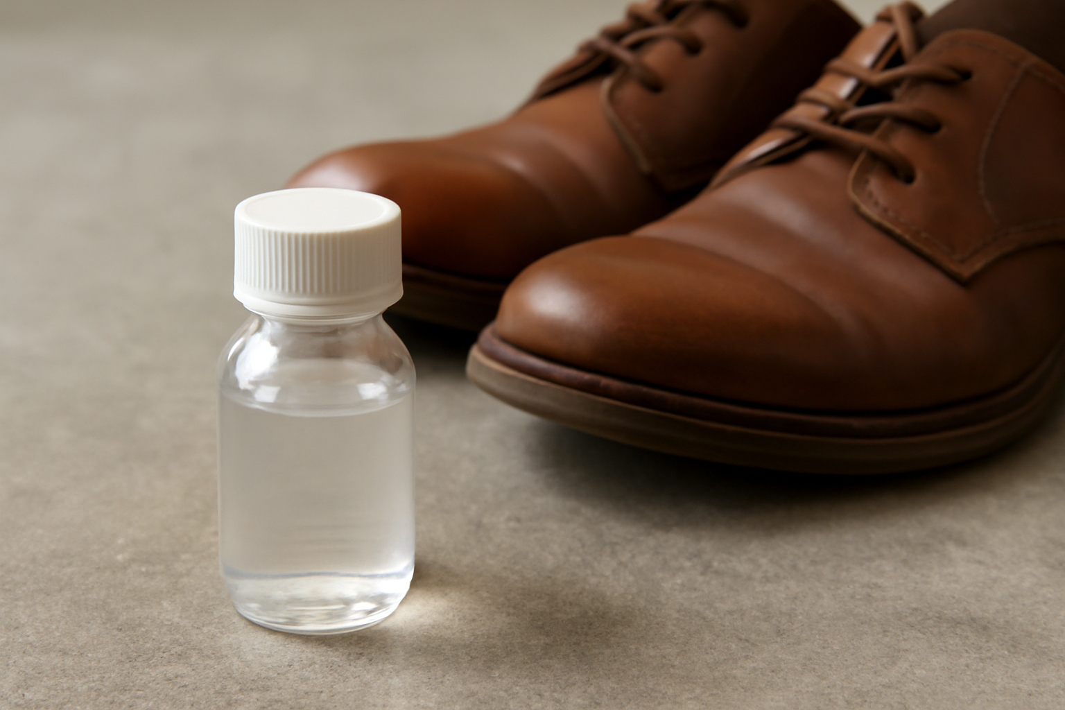 bouteille petite solution posée près de chaussures
