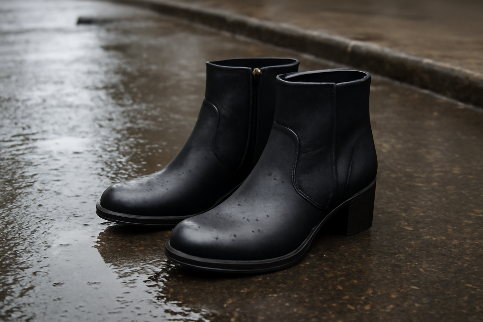 bottines posées sur trottoir mouillé