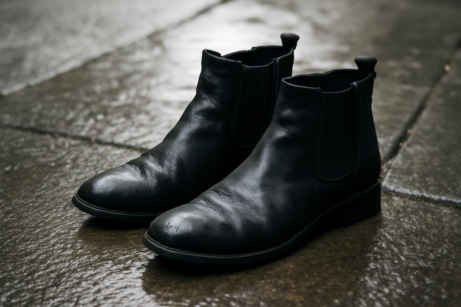 paire de bottines sur trottoir mouillé