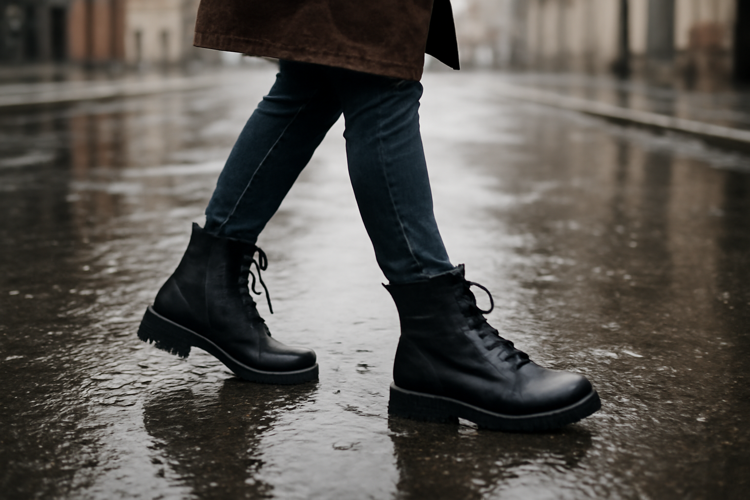 personne marchant dans une rue mouillee en bottines