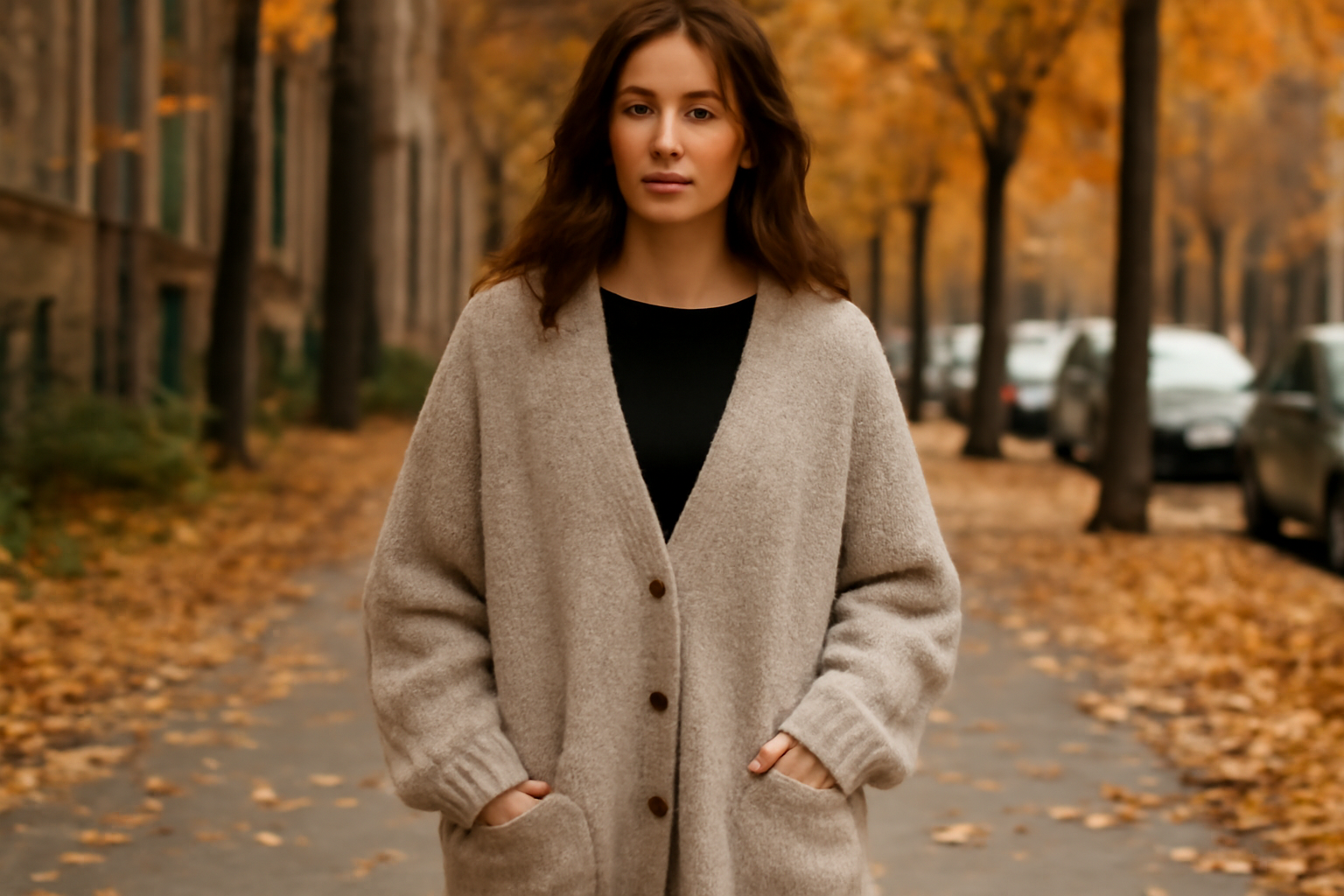 femme portant cardigan ample en rue automnale