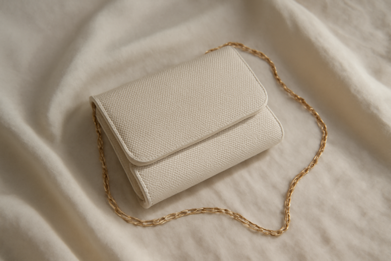 pochette avec chaine fine posée sur tissu