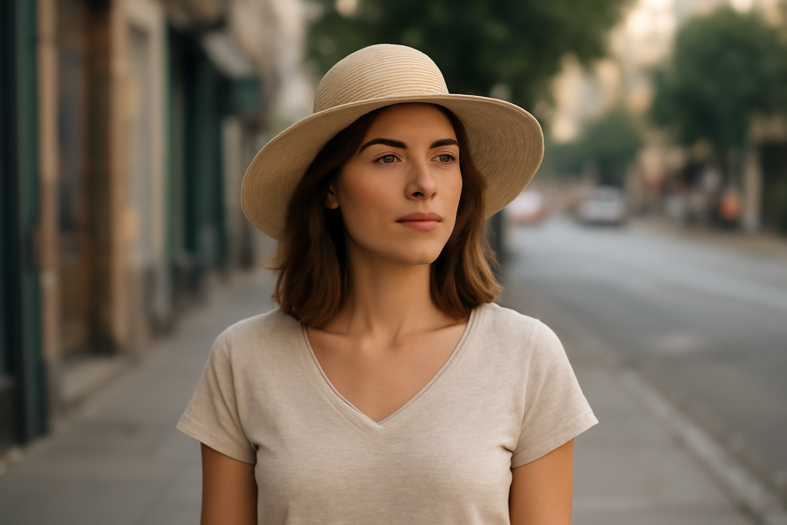 femme portant un chapeau leger en bord de rue