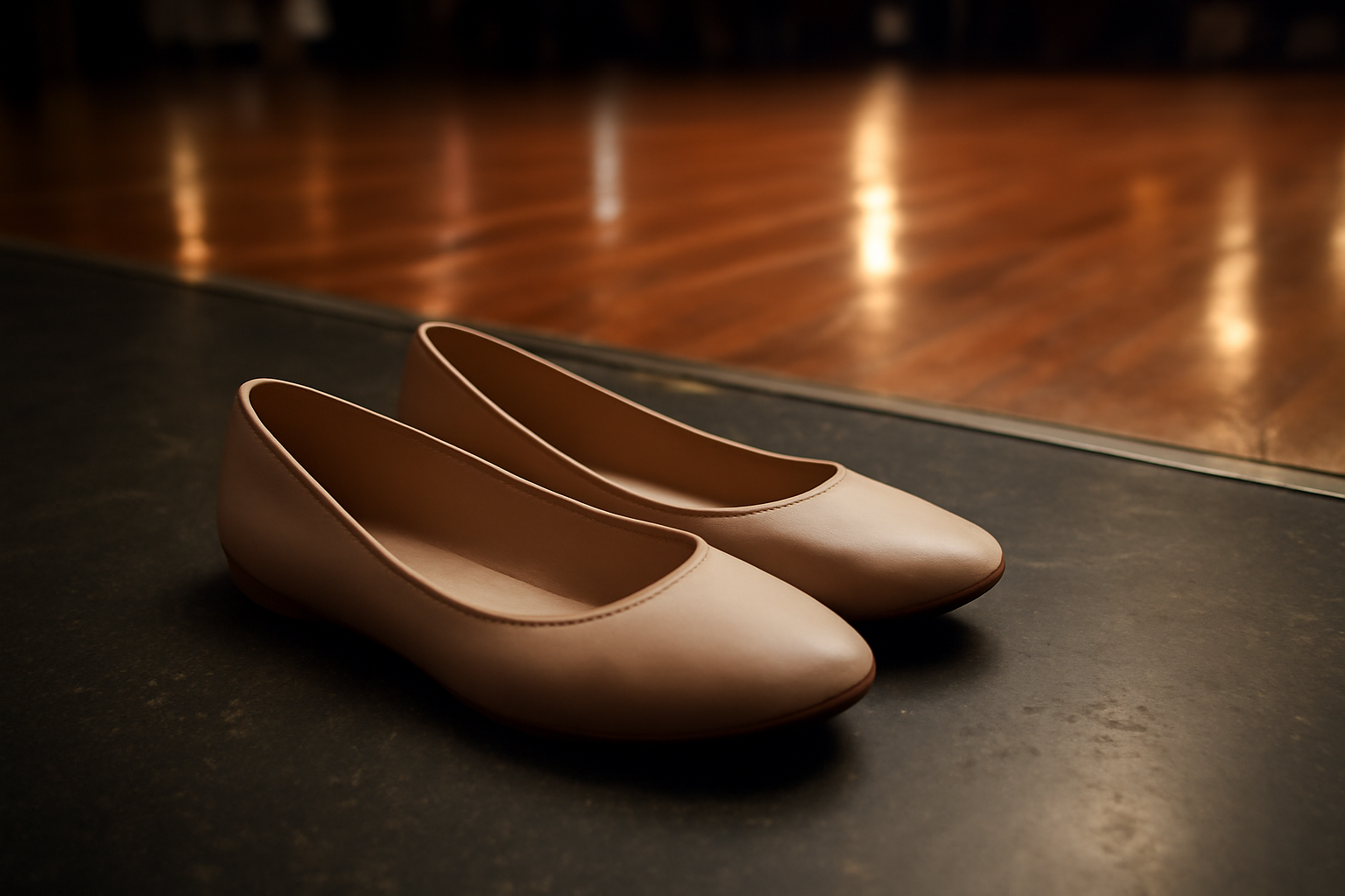 paire de chaussures plates pres d'une piste de danse