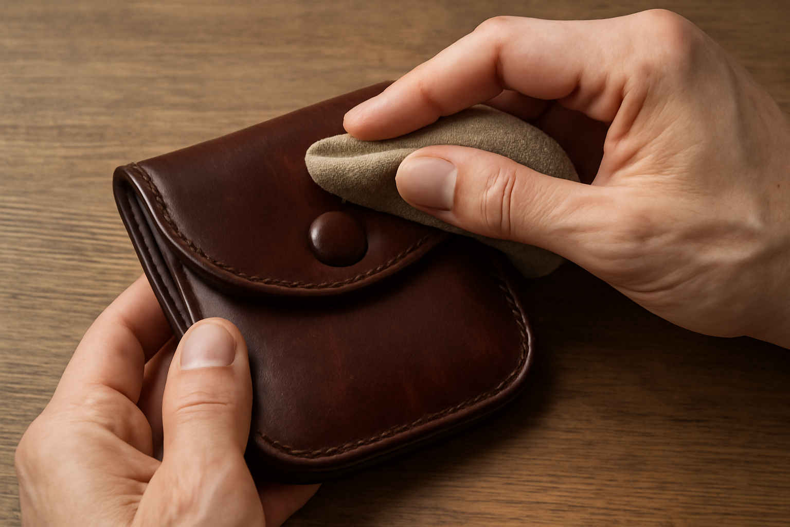 main frottant doucement une petite pochette en cuir