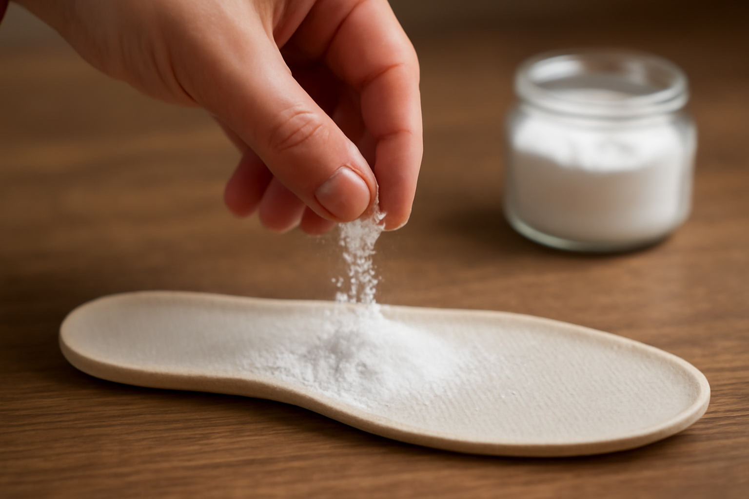 geste saupoudrant bicarbonate sur semelle intérieure