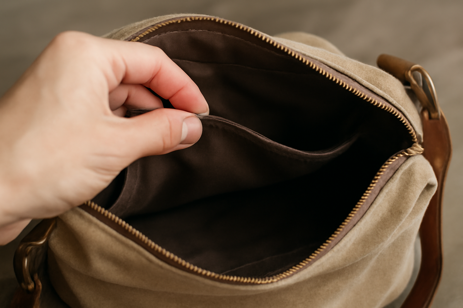 main inspectant la doublure intérieure d'un sac