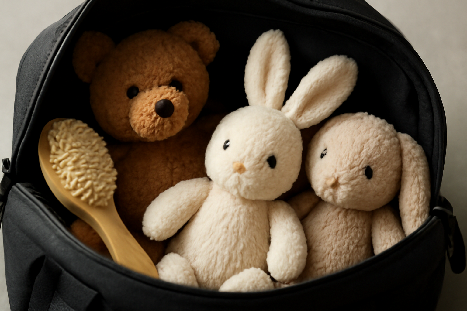 intérieur de sac avec peluches et brosse douce